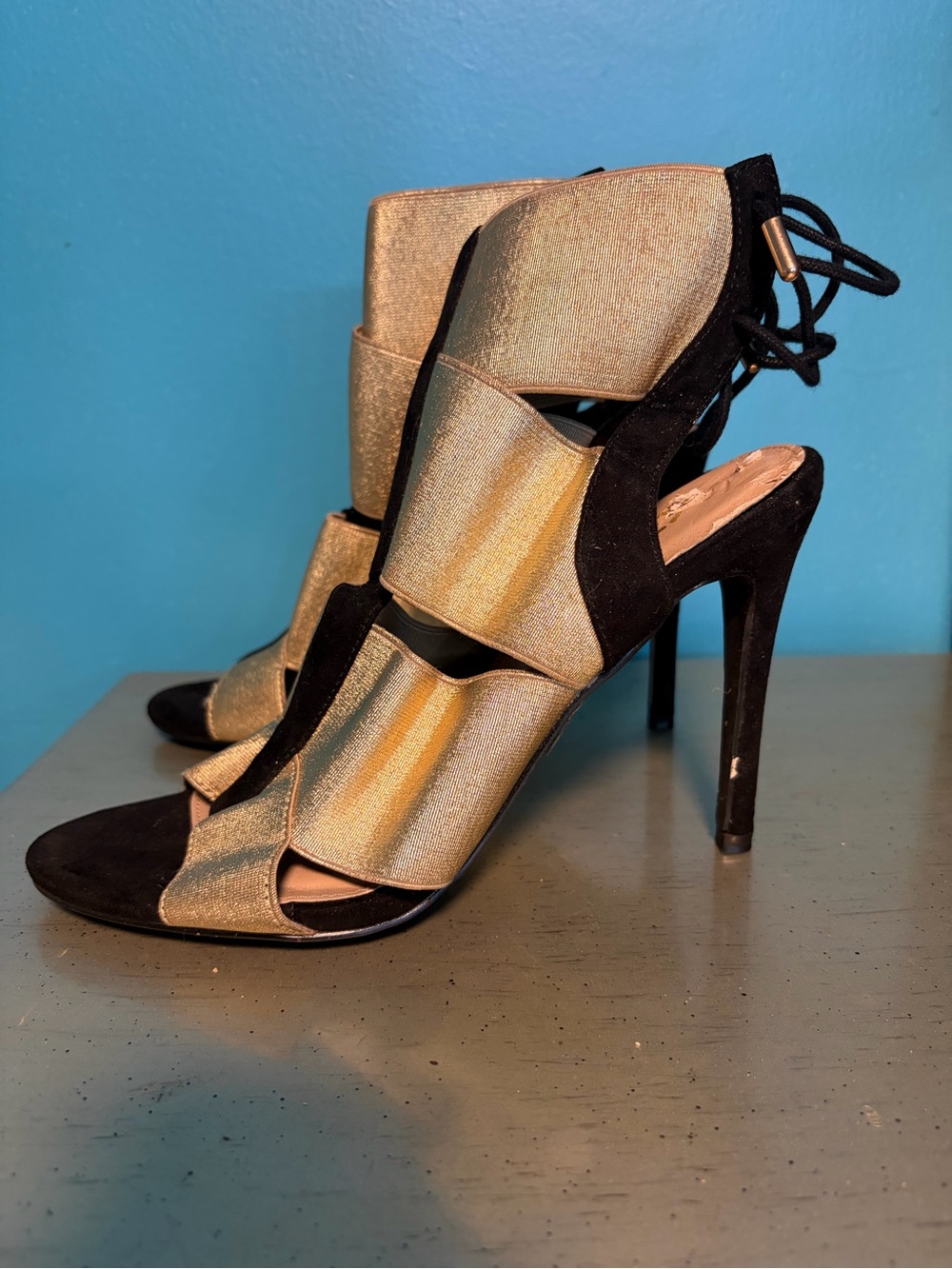 Metallic Gold and Black High Heel Sandals - Women's Dress Heels